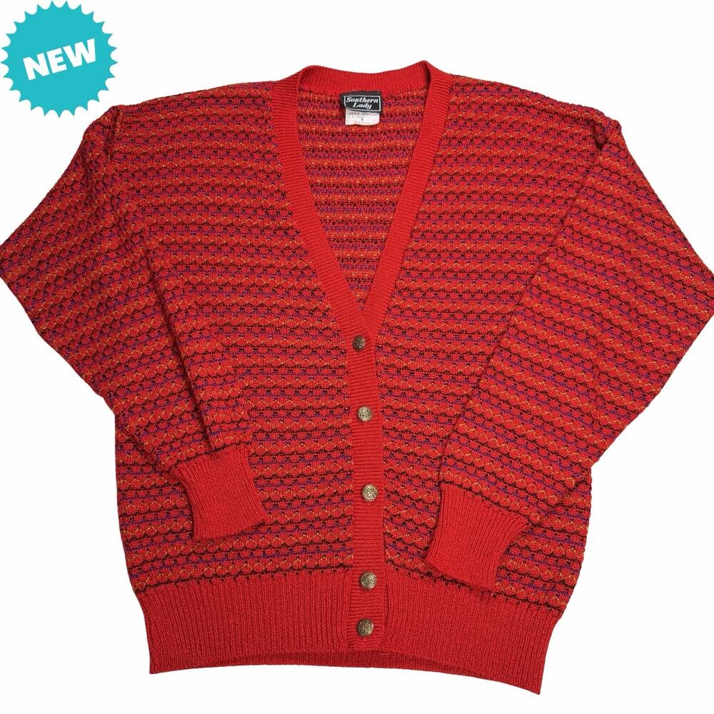 Southern Lady Womens Medium Red Long Sleeve Cardigan Cottagecore Coastal Grandma